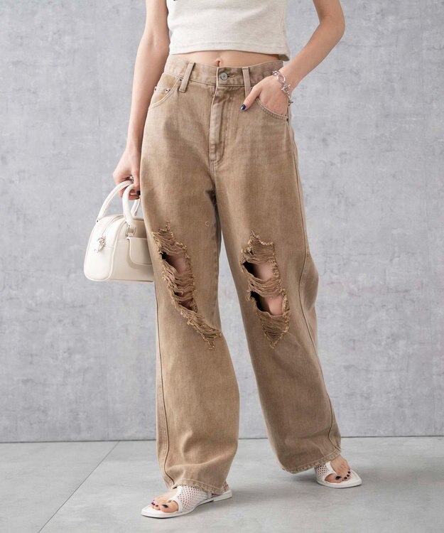 WEGO ヴィンテージウォッシュダメージデニムパンツ ベージュ