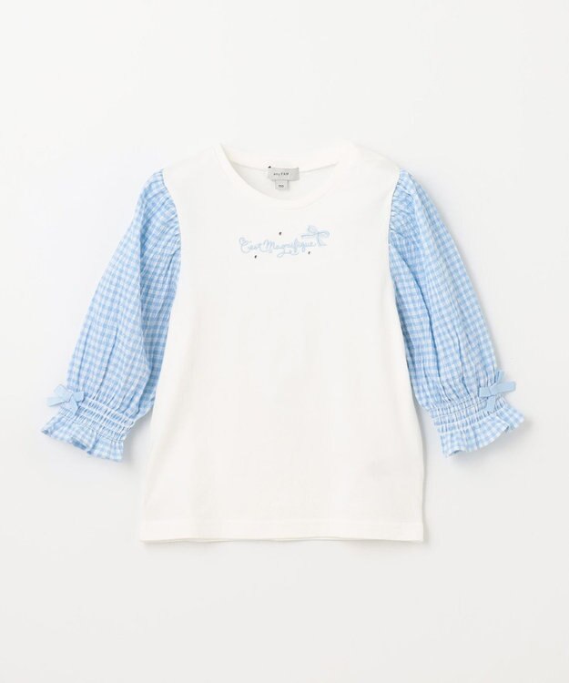 ANY KIDS 袖ギンガム 七分袖 Tシャツ オフホワイト×ブルーギンガム
