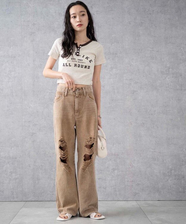 WEGO ヴィンテージウォッシュダメージデニムパンツ ベージュ