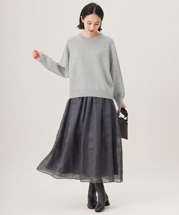 自由区 【洗える】シアーパネルエンブロイダリー スカート スチール