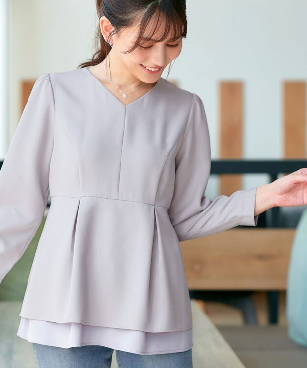 Tiaclasse L 【洗える】レイヤードヘムペプラムブラウス グレージュ