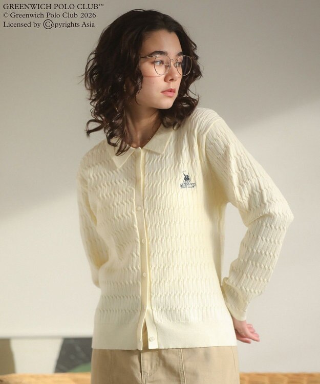 Green Parks GREENWICH POLO CLUB(TM)ケーブル襟付ニットカーディガン Ecru
