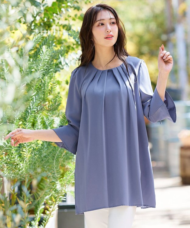 Tiaclasse L 【洗える】リボン付きタックスリーブチュニックブラウス ブルー