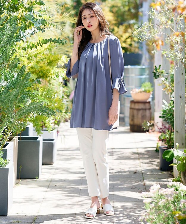 Tiaclasse L 【洗える】リボン付きタックスリーブチュニックブラウス ブルー