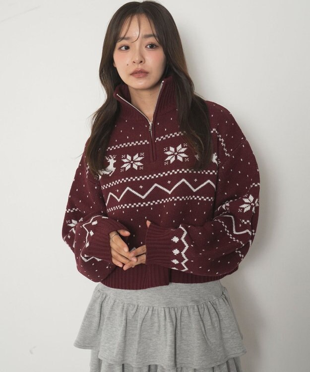 WEGO ノルディック柄ハーフジップニット レッド