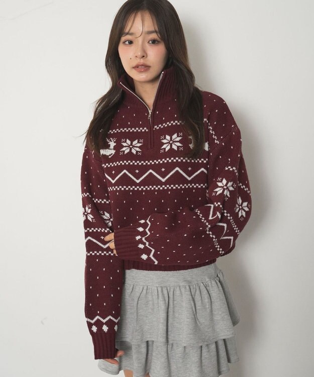 WEGO ノルディック柄ハーフジップニット レッド