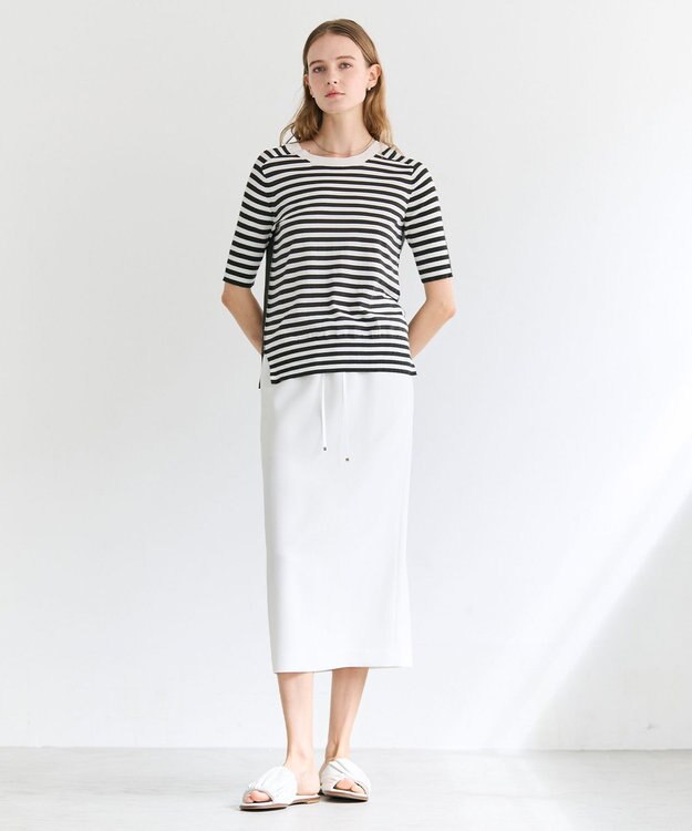 BEIGE， JULIE / コットンシルク 2WAY半袖ニット Ecru×Khaki