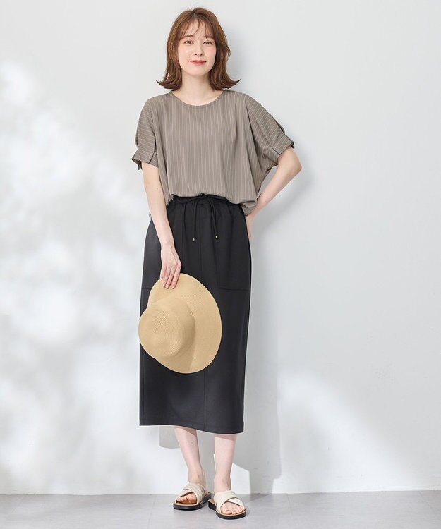 ANY 【洗濯機可】タックスリーブドルマンTシャツ ベージュストライプ