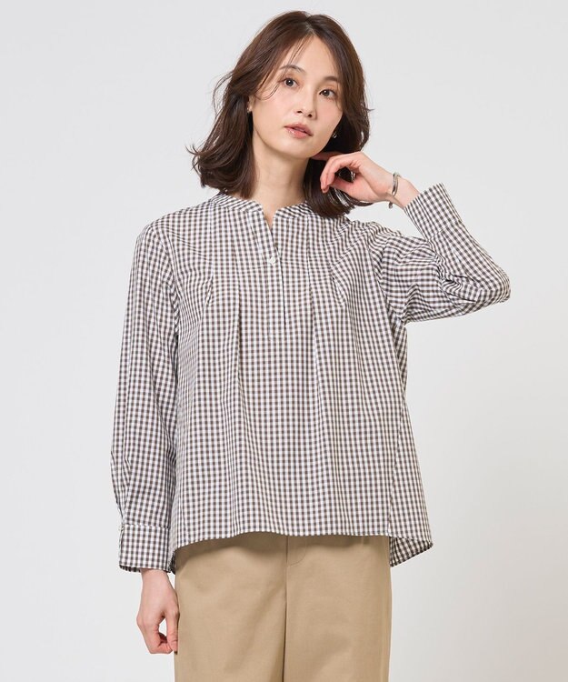 J.PRESS LADIES L 【WEB限定カラーあり】コンパクトエステネージュ スキッパー ブラウス ブラウンギンガム系
