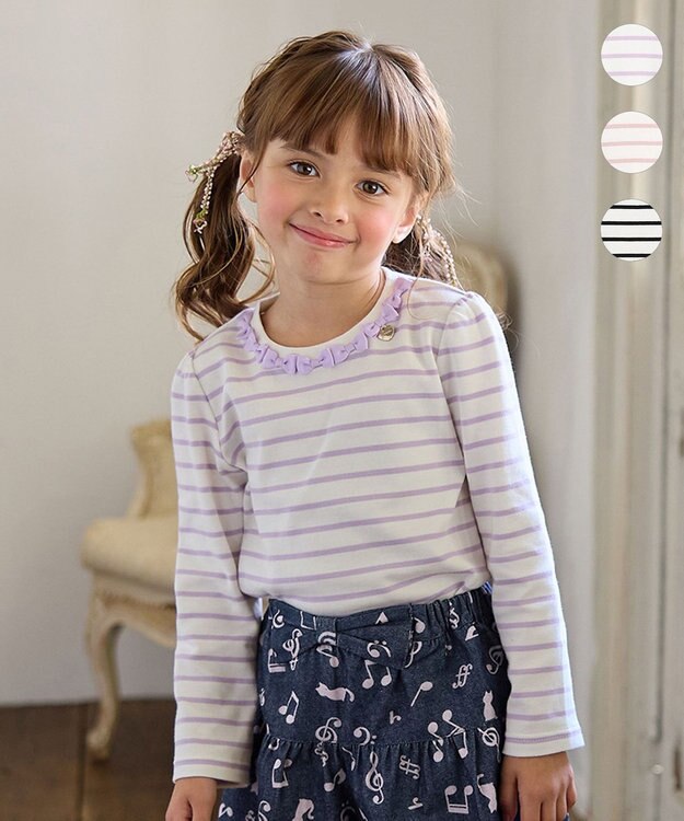 ANY KIDS リボン×ボーダー長袖Tシャツ ラベンダー×エクリュ