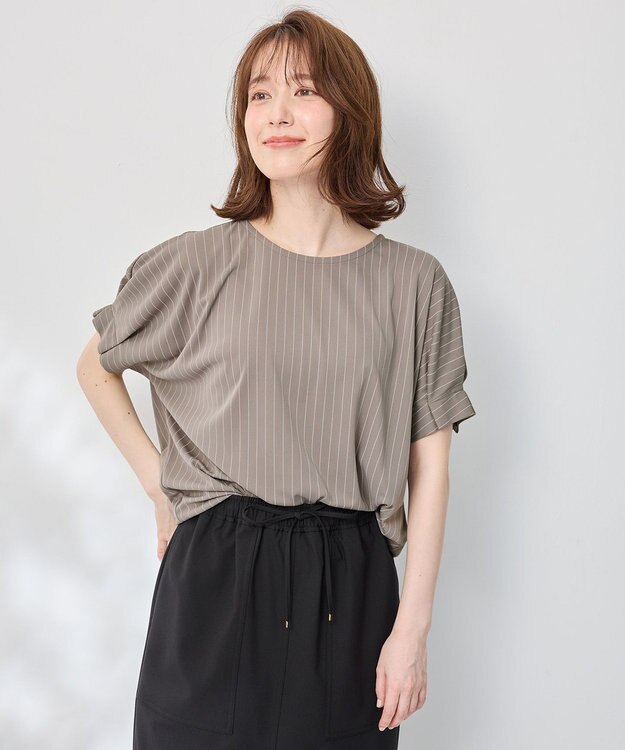 ANY 【洗濯機可】タックスリーブドルマンTシャツ ベージュストライプ