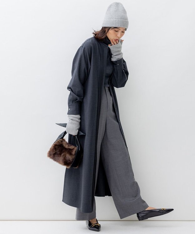 23区 【洗える】ウールストレッチツイル シャツワンピース チャコール