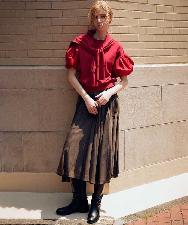 組曲 ストレッチクリアパフ袖 ニット レッド系