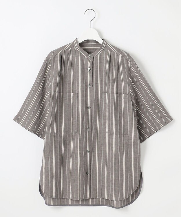 自由区 S 【カタログ掲載・セットアップ対応・洗える】リネンビスコースストライプ シャツ セピア系
