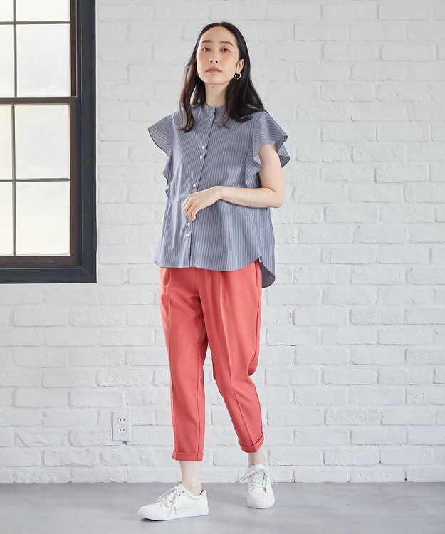 ANY 【UVカット/吸水速乾/抗菌防臭】エニィファンクション 袖フレアブラウス ネイビーストライプ