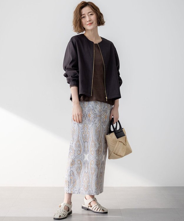 23区 L 【洗える】リネンレーヨンストレッチ ブルゾン ダークブラウン系