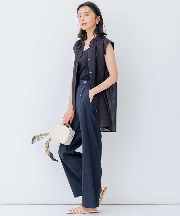 23区 【洗える】シアーストライプ ノースリーブ ブラウス ブラック系