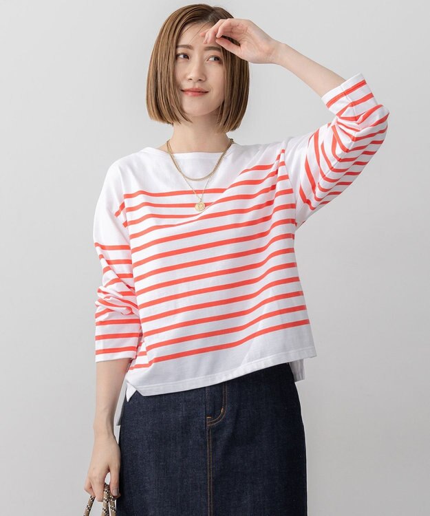 23区 S 【洗える】Armor-lux パネルボーダー 長袖Tシャツ オフ×バーミリオン