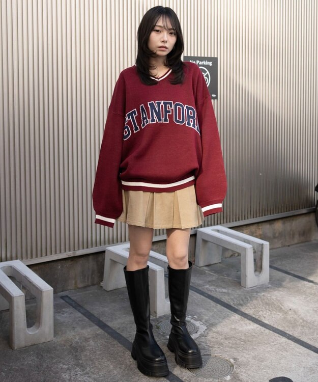 WEGO VネックグラフィックニットBIGプルオーバー ワイン