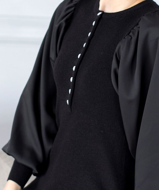 Tiaclasse 【洗える】パフ袖が大人可愛い袖コンビニットワンピース ブラック