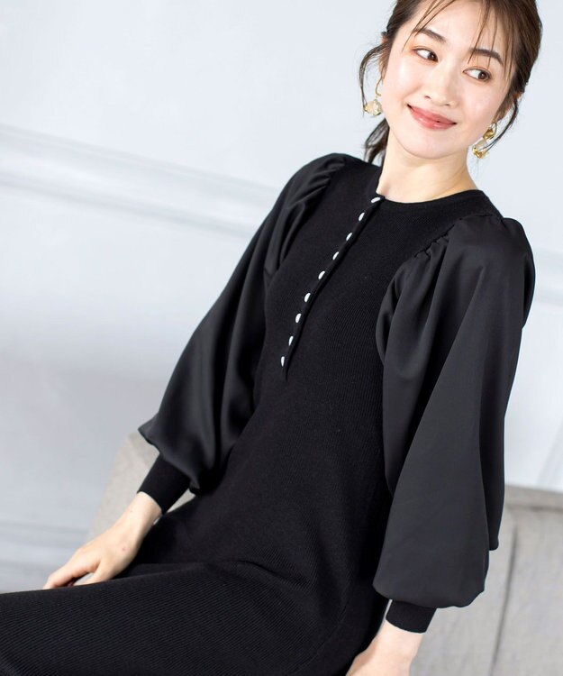 Tiaclasse 【洗える】パフ袖が大人可愛い袖コンビニットワンピース ブラック