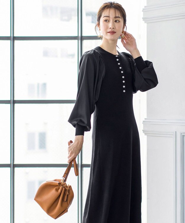Tiaclasse 【洗える】パフ袖が大人可愛い袖コンビニットワンピース ブラック