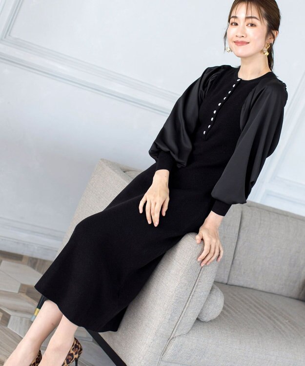 Tiaclasse 【洗える】パフ袖が大人可愛い袖コンビニットワンピース ブラック