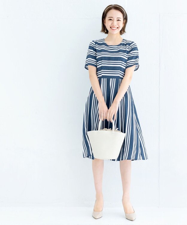 Tiaclasse 【洗える】 1枚でサマになるマルチボーダーワンピース ネイビー