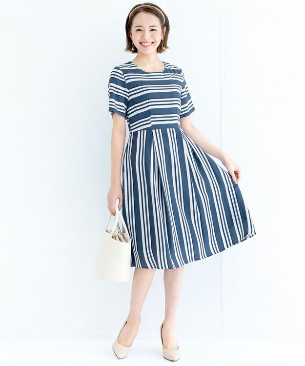 Tiaclasse 【洗える】 1枚でサマになるマルチボーダーワンピース ネイビー