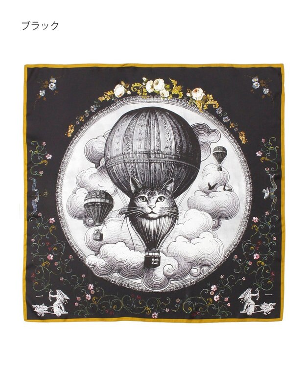 MOONBAT PAUL&JOE ACCESSOIRES(ポール & ジョー) シルクスカーフ 気球 ブーケ 88cm×88cm　手洗いOK ブラック