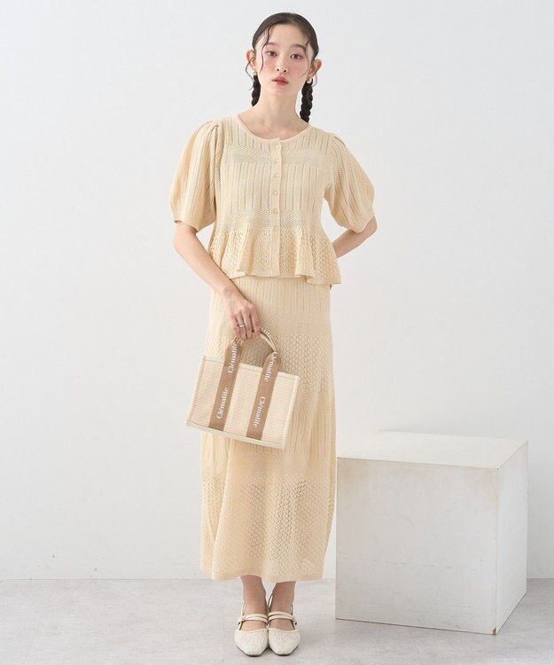 earth music&ecology ＳＥＴ２点レース編みペプラムカーデ＋スカート Light Beige