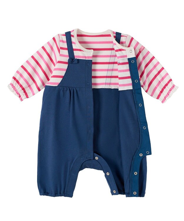 MIKI HOUSE HOT BISCUITS 【70-80cm】オーバーオール重ね着風 7分丈カバーオール 紺