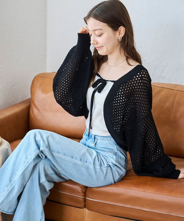 WEGO 【紫外線対策/手洗い可】メッシュリボンボレロ ブラック