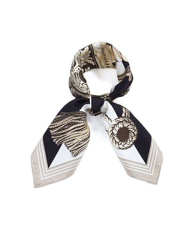 Marca ＜春の新作！＞【伝統横濱スカーフ】ビッグタッセル&鞍（FET-056） 小判 シルクツイル スカーフ ベージュxブラック