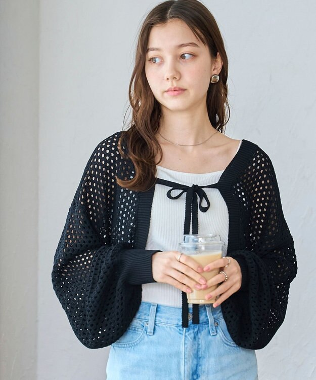 WEGO 【紫外線対策/手洗い可】メッシュリボンボレロ ブラック