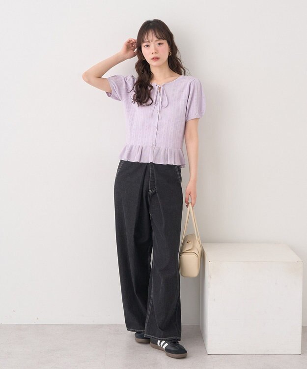 earth music&ecology ナローリボンペプラムニットカーディガン Lavender