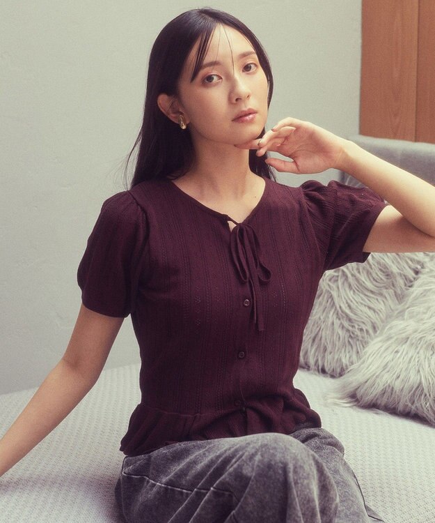 earth music&ecology ナローリボンペプラムニットカーディガン Brown