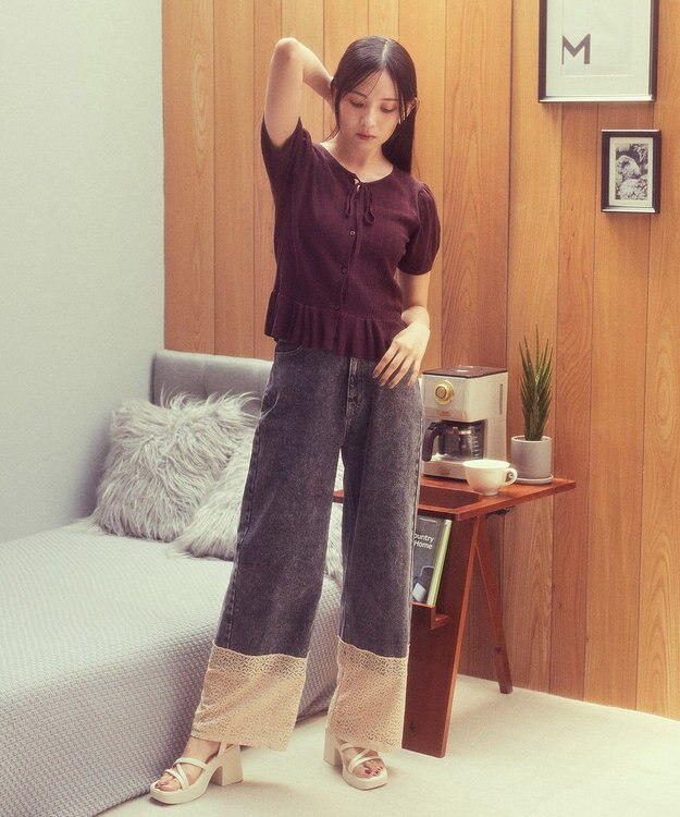 earth music&ecology ナローリボンペプラムニットカーディガン Brown