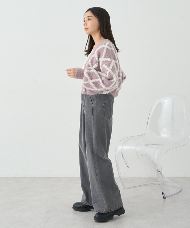 earth music&ecology シャギーダイヤ柄ショートニットカーディガン Pink