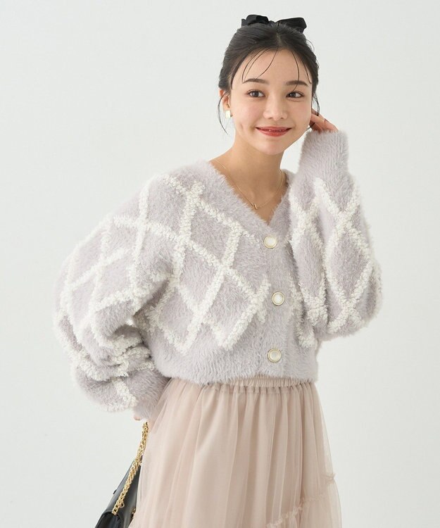 earth music&ecology シャギーダイヤ柄ショートニットカーディガン Light Gray