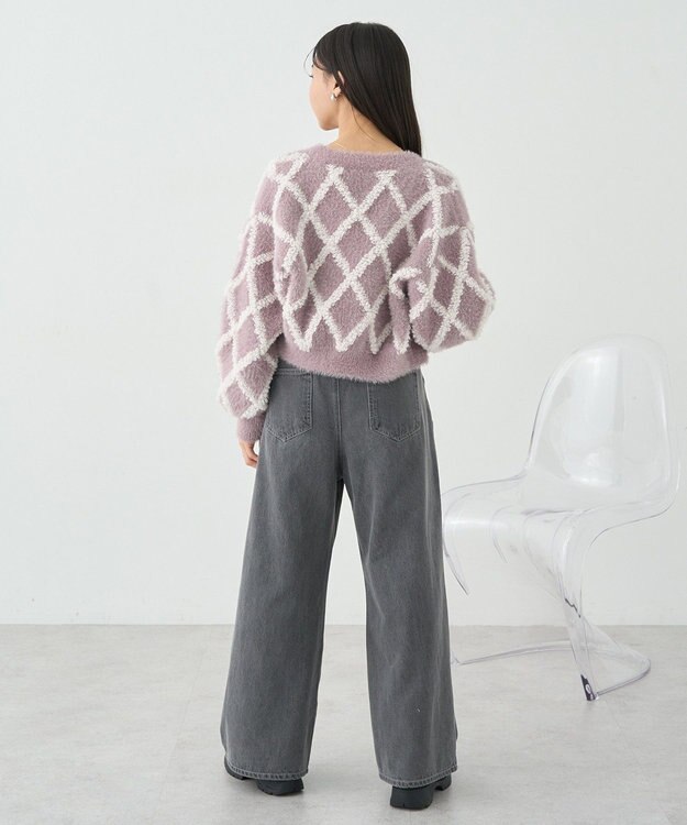 earth music&ecology シャギーダイヤ柄ショートニットカーディガン Pink