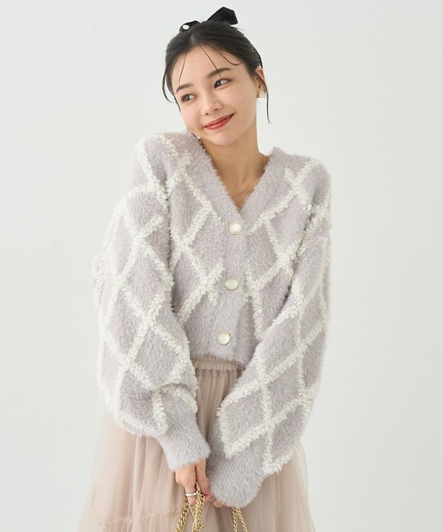 earth music&ecology シャギーダイヤ柄ショートニットカーディガン Light Gray