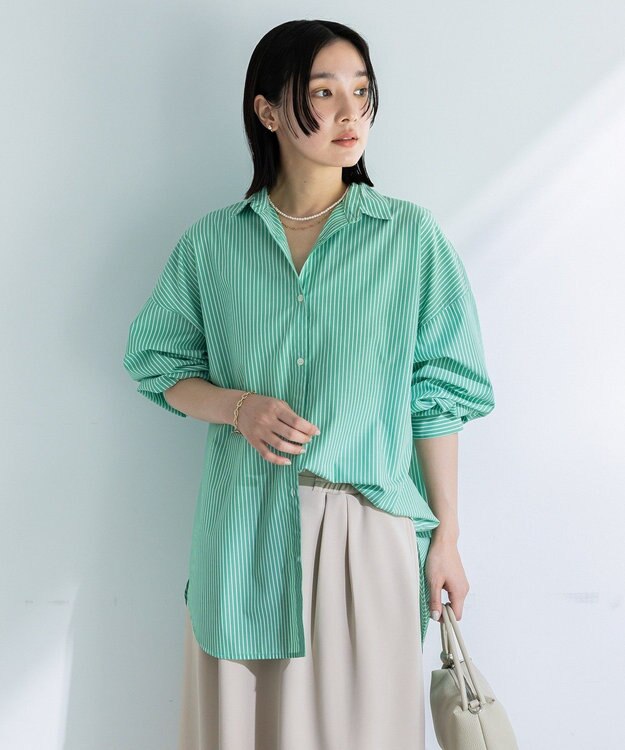 Green Parks イージーケア抜け衿シャツ Stripe Green