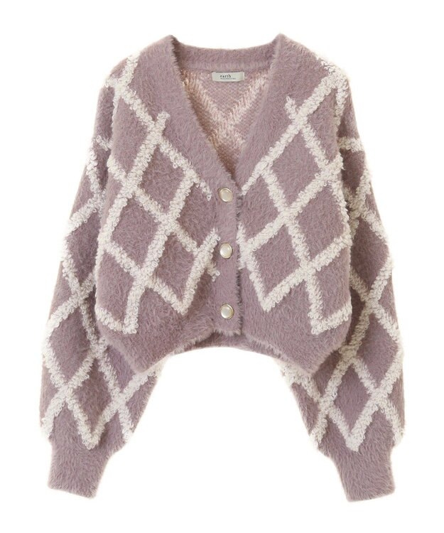 earth music&ecology シャギーダイヤ柄ショートニットカーディガン Pink