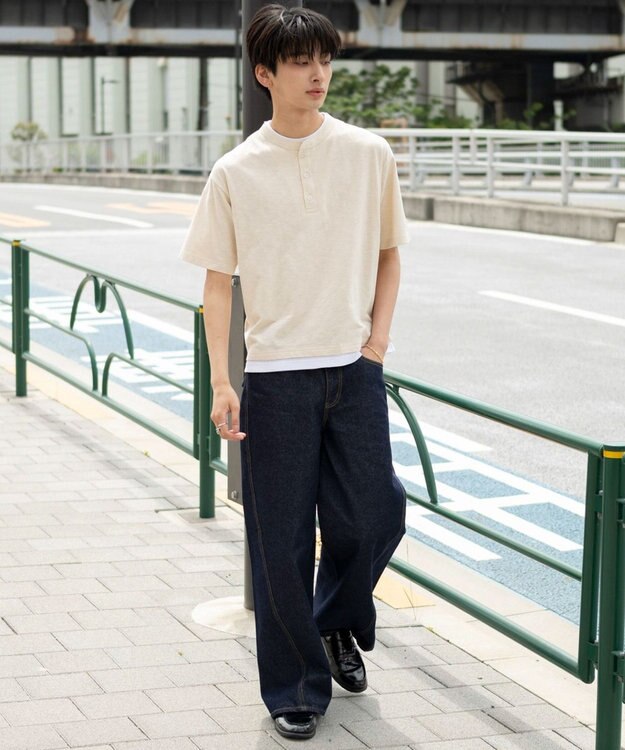 WEGO 【ユニセックス着用ITEM/MLサイズ展開】フェイクレイヤードヘンリーネックT（SS） ライトベージュ
