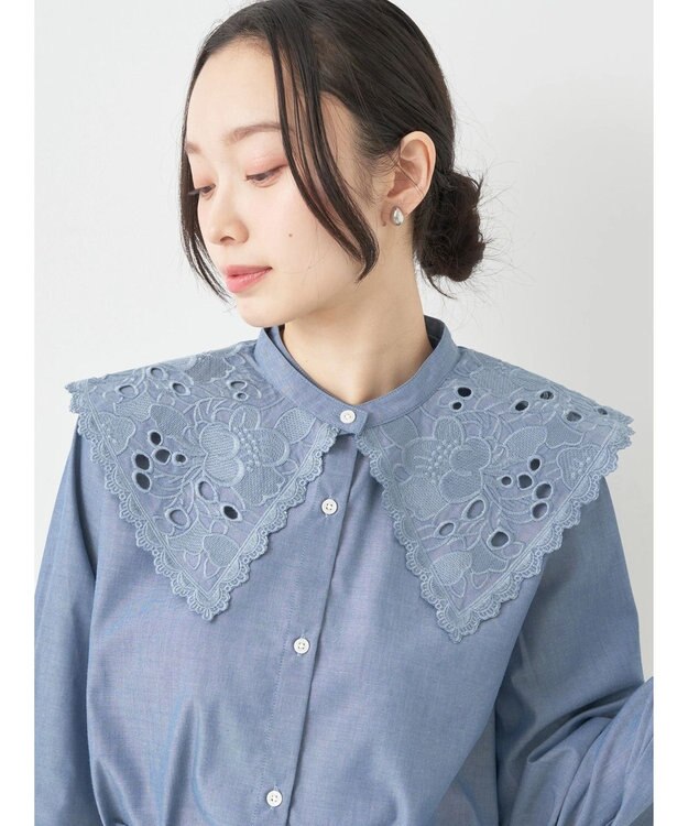 earth music&ecology ２ｗａｙ刺繍衿ブラウス Blue