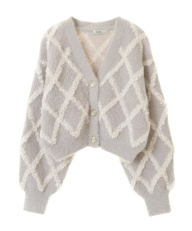 earth music&ecology シャギーダイヤ柄ショートニットカーディガン Light Gray
