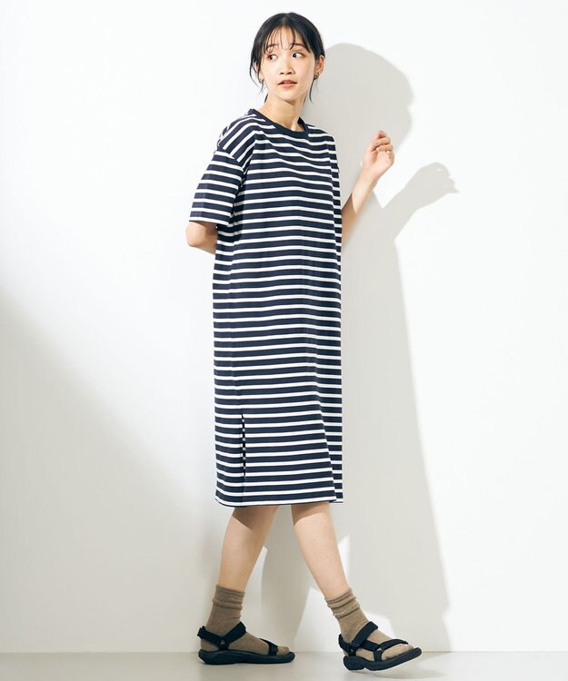 SHARE PARK LADIES 【UVカット】ボーダーロゴ半袖カットワンピース ホワイト系1