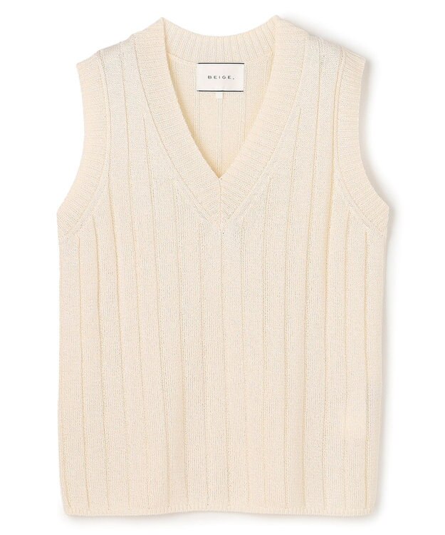 BEIGE， OPTICAL /  ペーパーヤーン Vネックリブニット Ecru