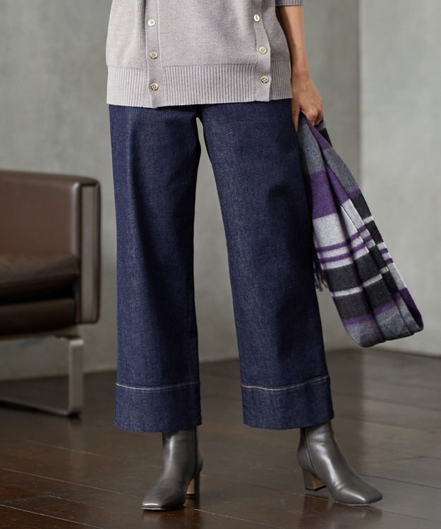 J.PRESS LADIES L 【洗える】 10oz Stretch Denim セミワイド パンツ ネイビー系
